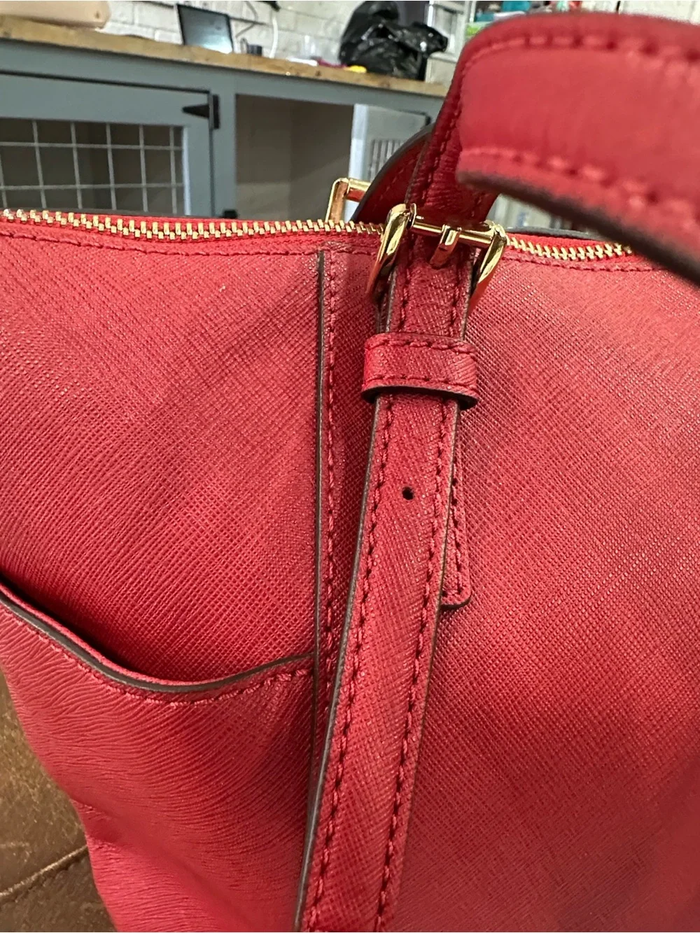 Michael Kors Red Saffiano Tote with Gold MK Charm